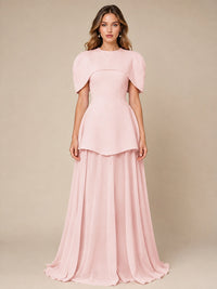 Blush Pink Cape Sleeve Peplum Maxi Dress