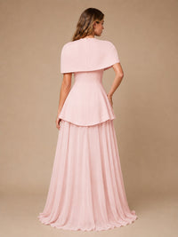 Blush Pink Cape Sleeve Peplum Maxi Dress
