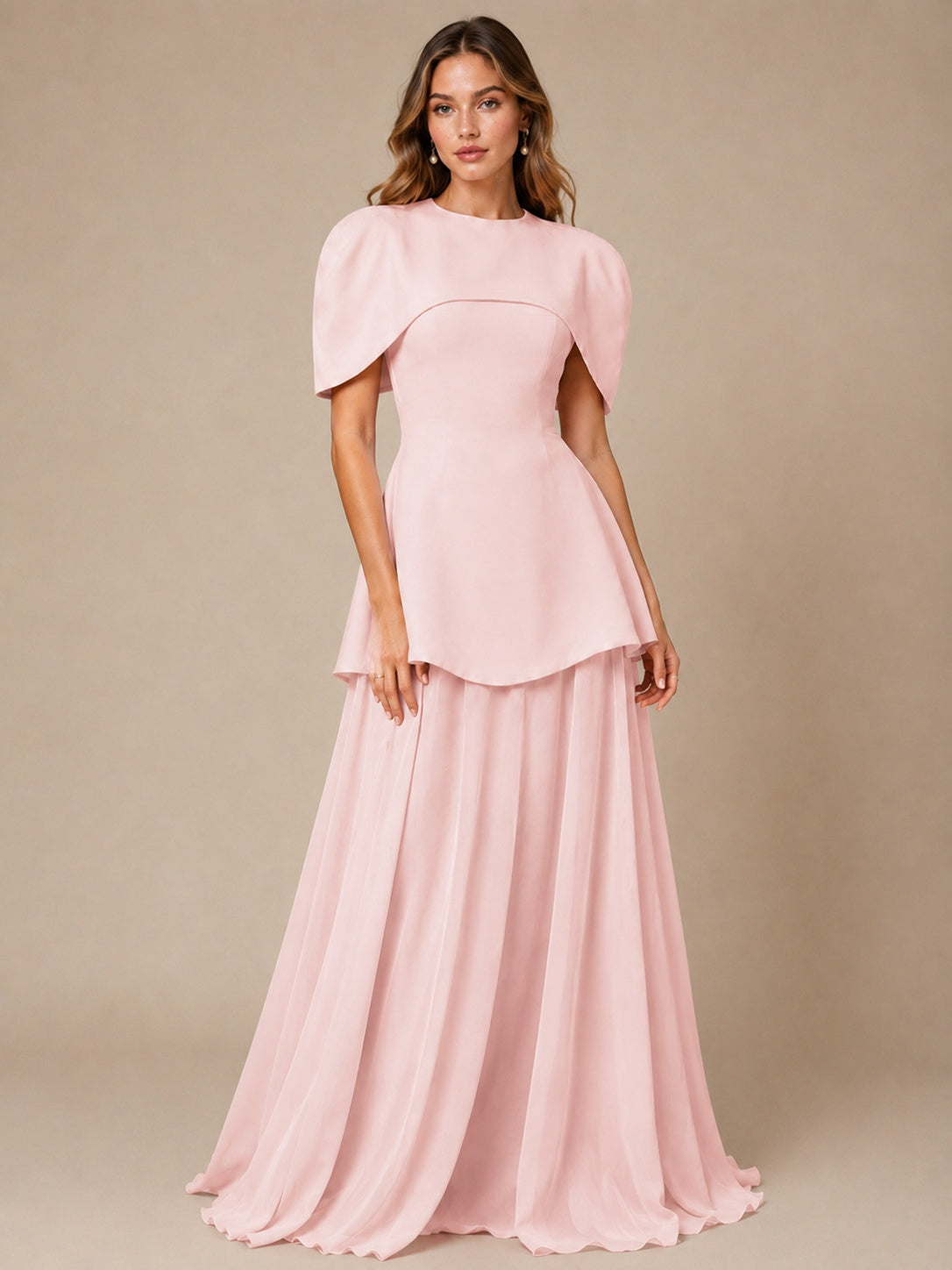 Blush Pink Cape Sleeve Peplum Maxi Dress