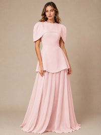 Blush Pink Cape Sleeve Peplum Maxi Dress
