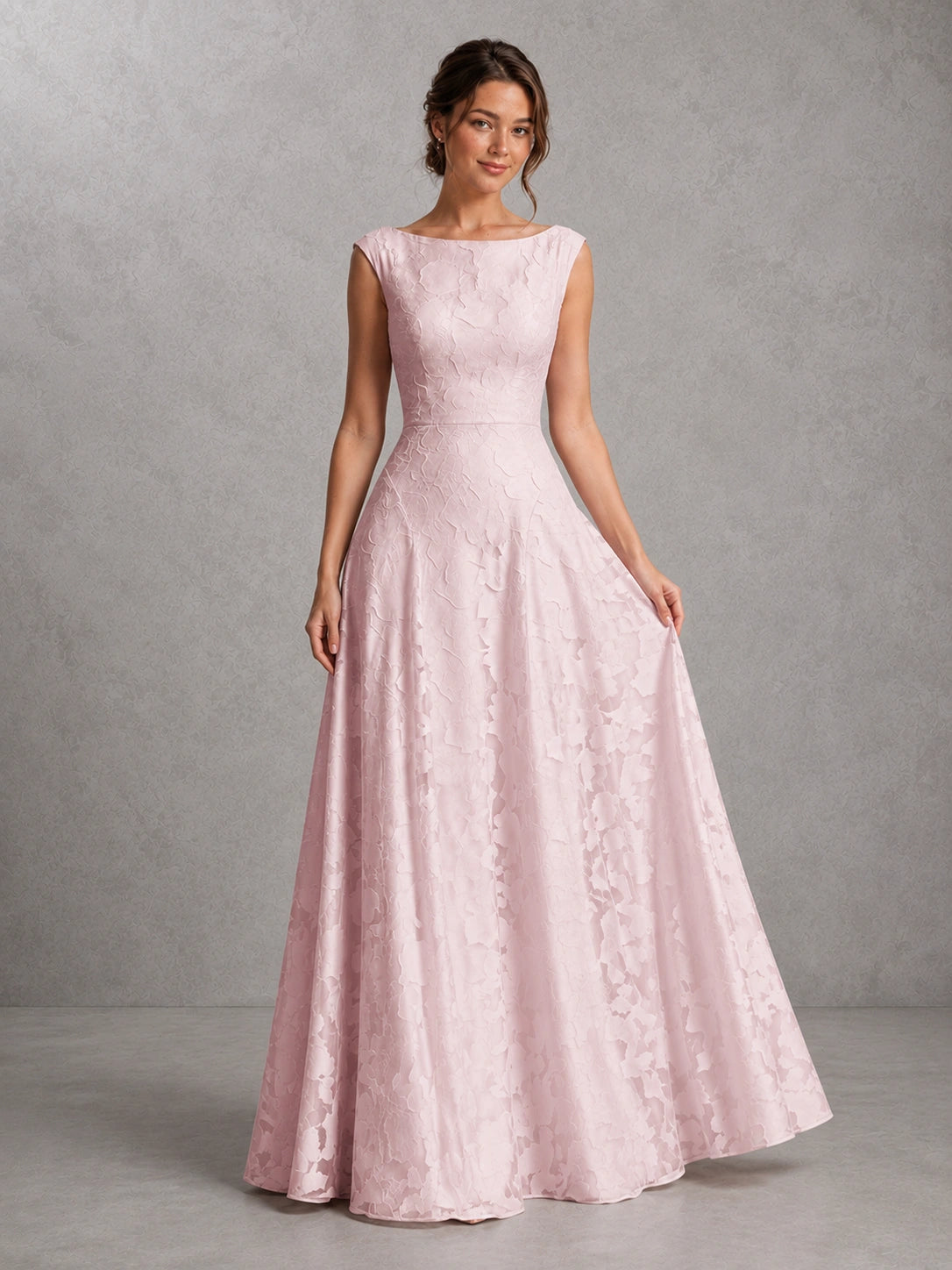 Blush Pink Lace Applique A-Line Bridesmaid Dres