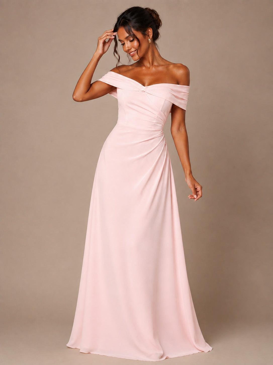 Blush Pink Off-the-Shoulder A-Line Mother of the Bride Dress
