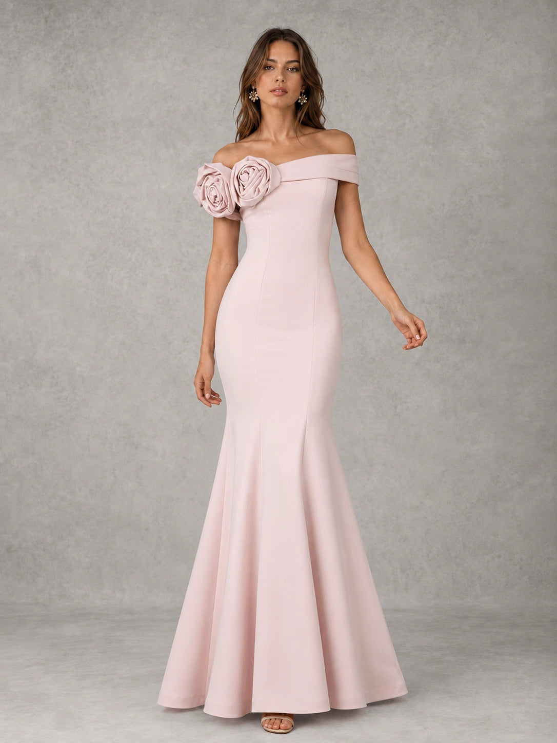 Blush Pink Off Shoulder Mermaid Bridesmaid Dress with Floral Rosette