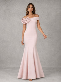 Blush Pink Off Shoulder Mermaid Bridesmaid Dress with Floral Rosette