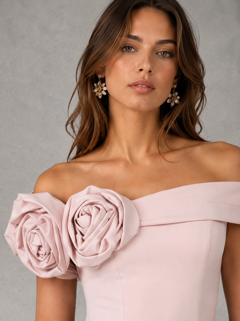 Blush Pink Off Shoulder Mermaid Bridesmaid Dress with Floral Rosette