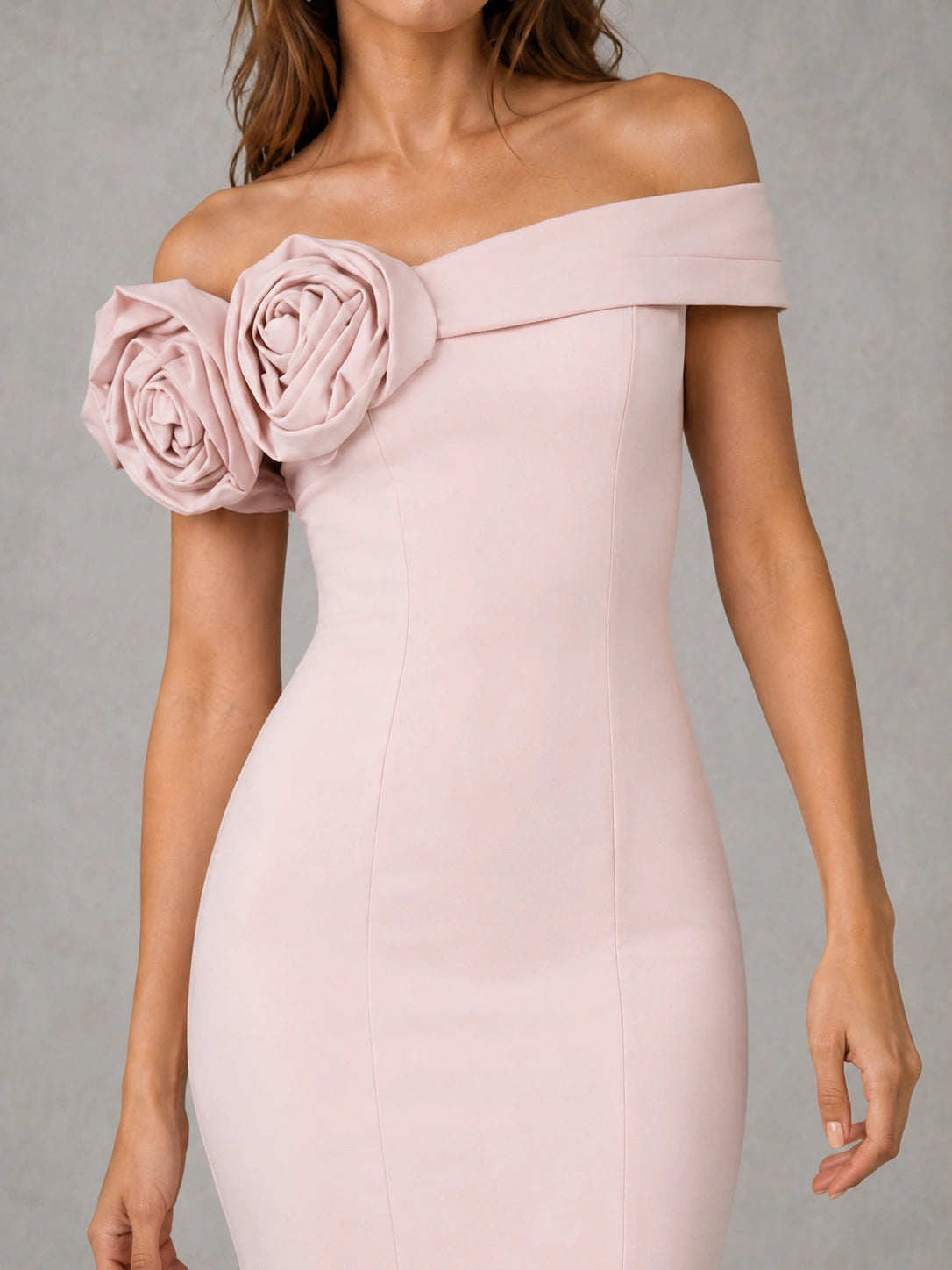 Blush Pink Off Shoulder Mermaid Bridesmaid Dress with Floral Rosette