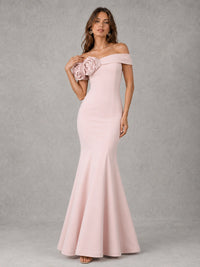 Blush Pink Off Shoulder Mermaid Bridesmaid Dress with Floral Rosette