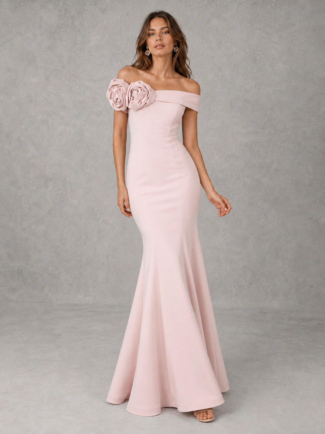 Blush Pink Off Shoulder Mermaid Bridesmaid Dress with Floral Rosette