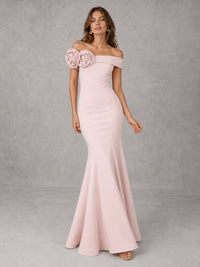 Blush Pink Off Shoulder Mermaid Bridesmaid Dress with Floral Rosette