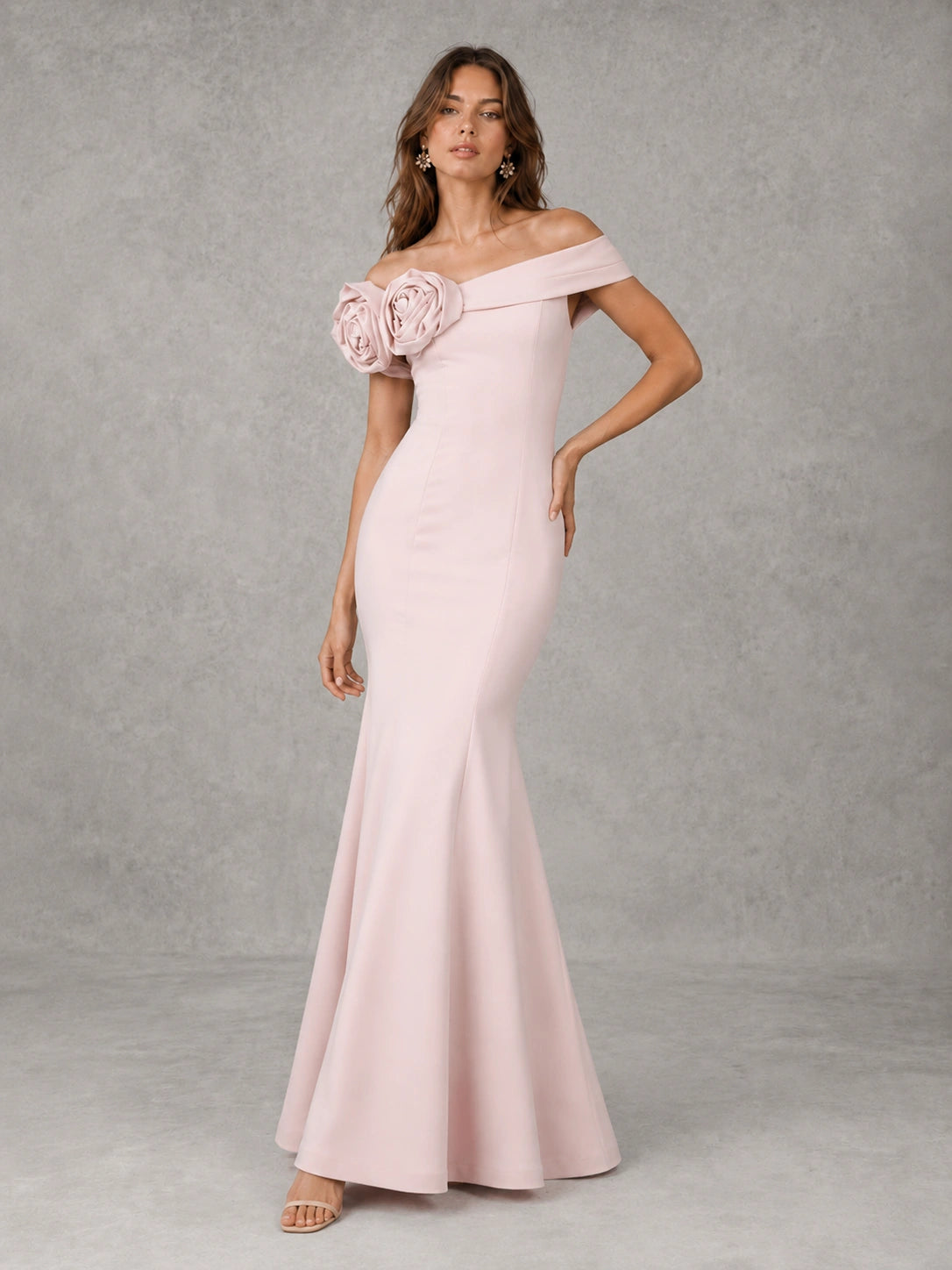 Blush Pink Off Shoulder Mermaid Bridesmaid Dress with Floral Rosette