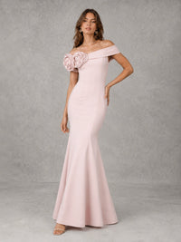 Blush Pink Off Shoulder Mermaid Bridesmaid Dress with Floral Rosette