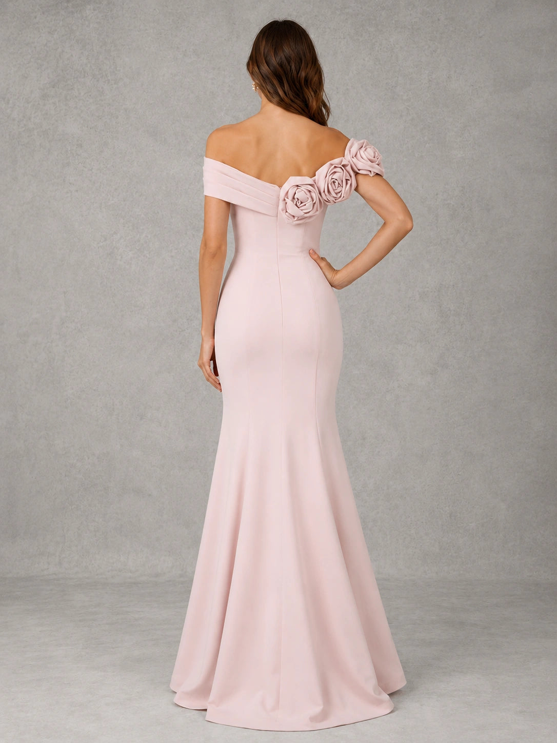 Blush Pink Off Shoulder Mermaid Bridesmaid Dress with Floral Rosette