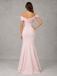 Blush Pink Off Shoulder Mermaid Bridesmaid Dress with Floral Rosette