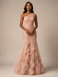 Jovellee blush pink one shoulder 3D floral mermaid evening gown