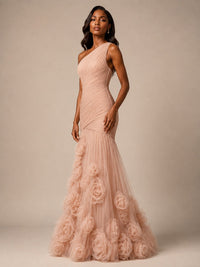 Blush Pink One Shoulder 3D Floral Mermaid Prom Dress