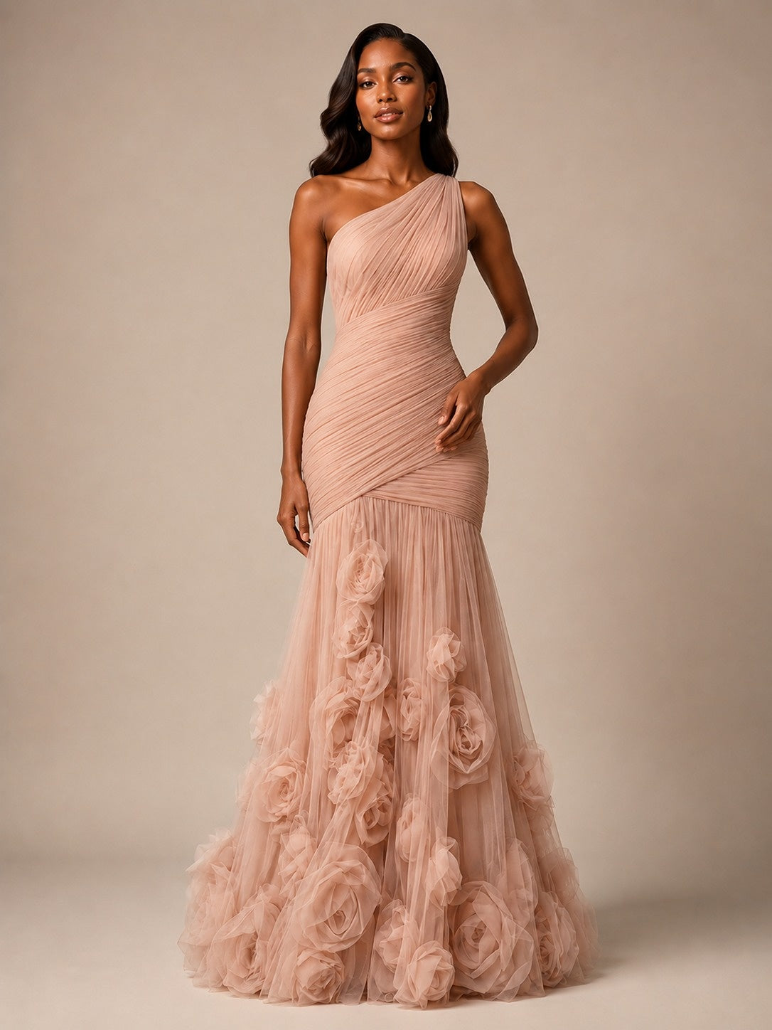 Blush Pink One Shoulder 3D Floral Mermaid Prom Dress