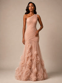 Blush Pink One Shoulder 3D Floral Mermaid Prom Dress