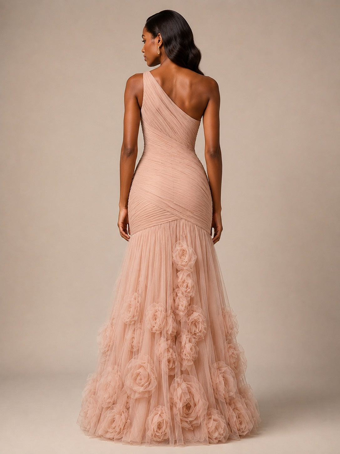 Blush Pink One Shoulder 3D Floral Mermaid Prom Dress