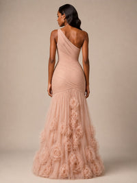 Blush Pink One Shoulder 3D Floral Mermaid Prom Dress