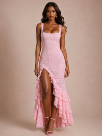 Blush Pink Square-Neck Lace Ruffle High-Low Maxi Dress