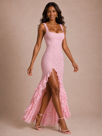 Blush Pink Square-Neck Lace Ruffle High-Low Maxi Dress