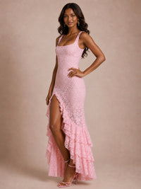Blush Pink Square-Neck Lace Ruffle High-Low Maxi Dress