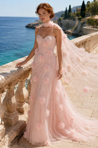 Blush Pink Strapless Sweetheart 3D Floral Tulle Mermaid Prom Dress