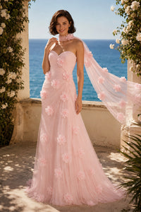Blush Pink Strapless Sweetheart 3D Floral Tulle Mermaid Prom Dress