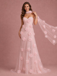 Blush Pink Strapless Sweetheart 3D Floral Tulle Mermaid Prom Dress