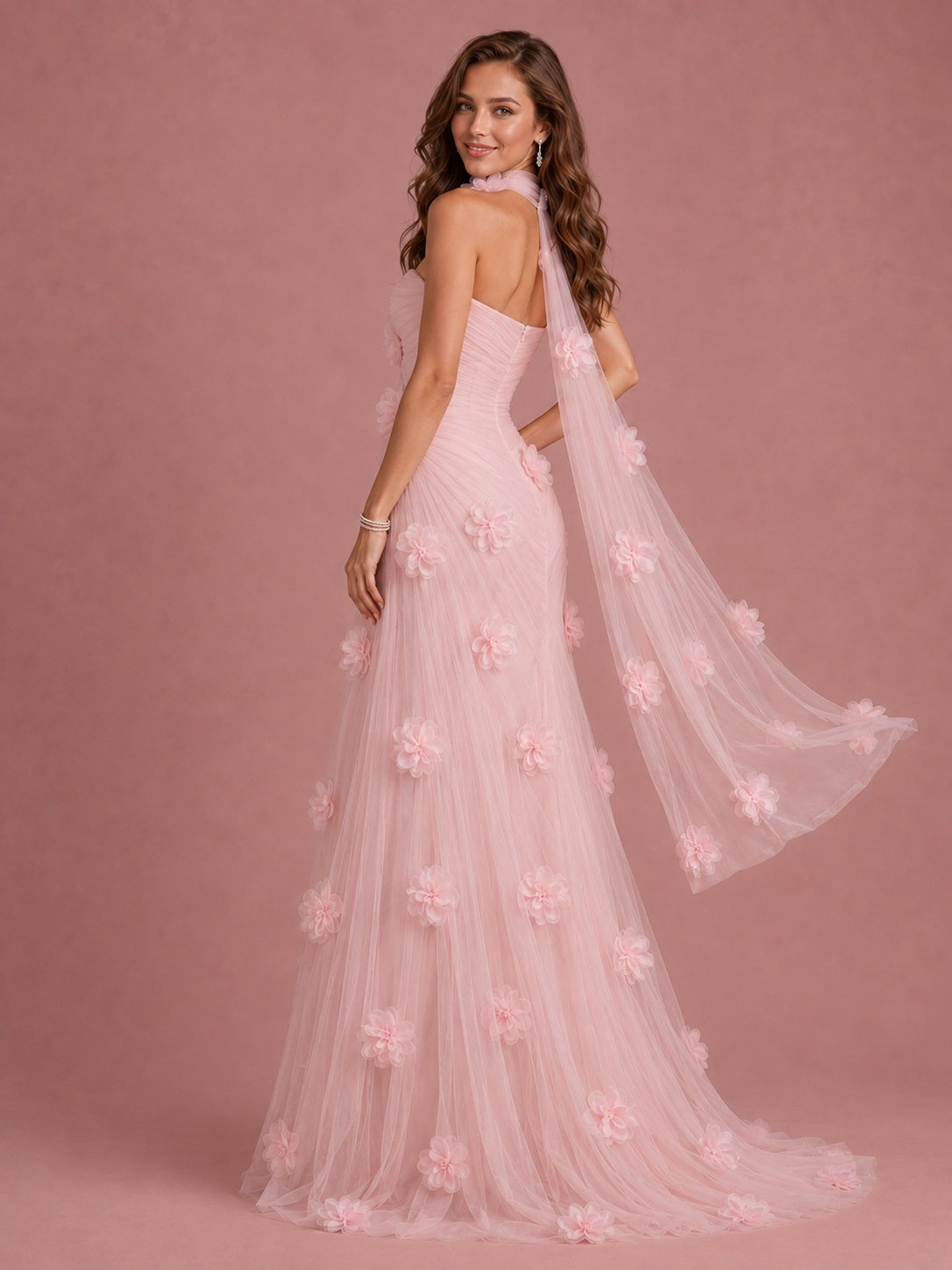 Blush Pink Strapless Sweetheart 3D Floral Tulle Mermaid Prom Dress