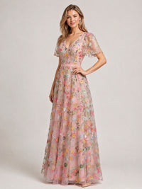 Blush Pink V-Neck Floral Embroidered Flutter Sleeve A-Line Bridesmaid Dress