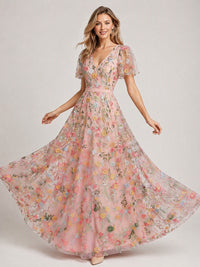 Blush Pink V-Neck Floral Embroidered Flutter Sleeve A-Line Bridesmaid Dress