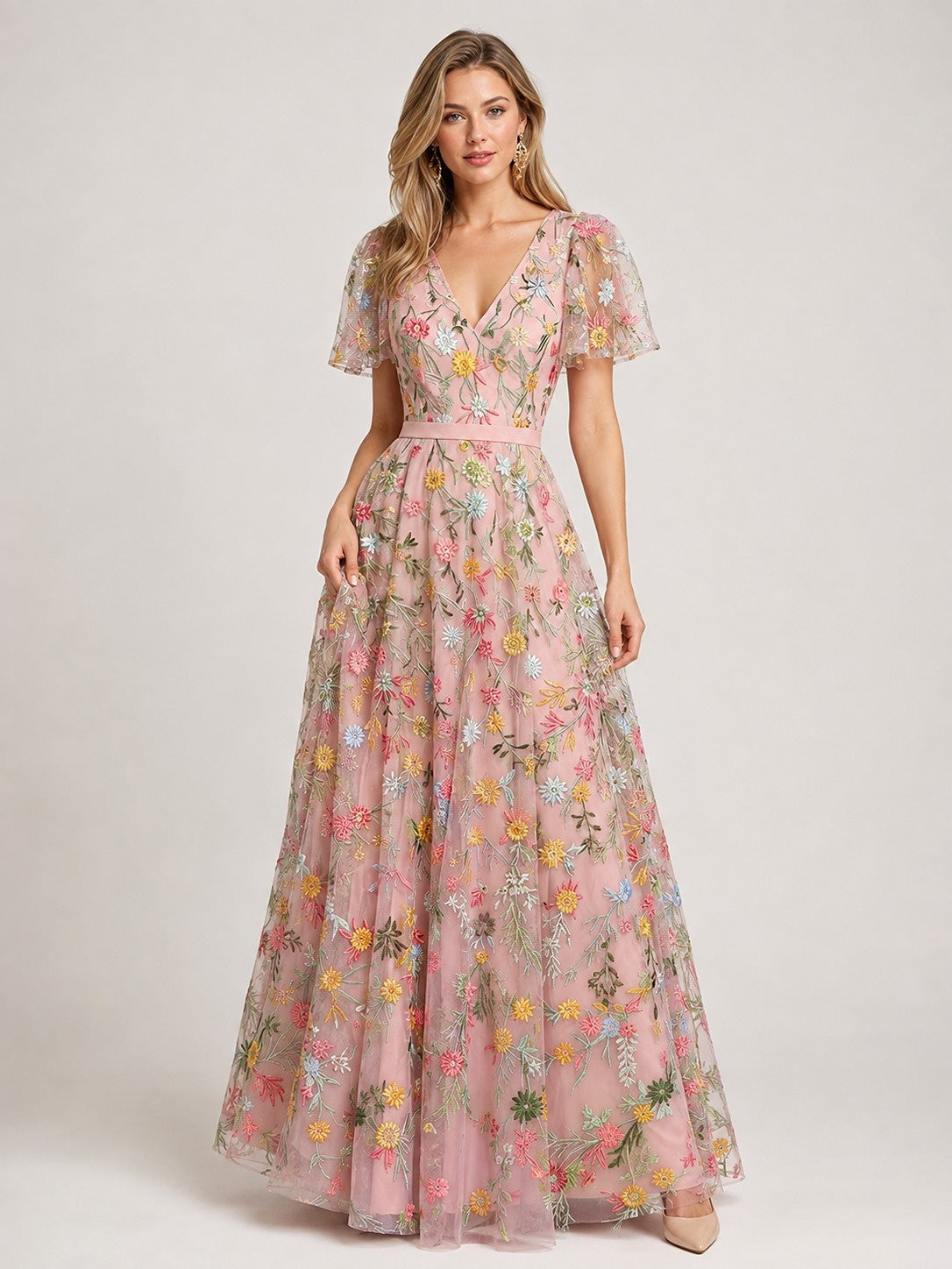 Blush Pink V-Neck Floral Embroidered Flutter Sleeve A-Line Bridesmaid Dress