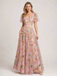 Blush Pink V-Neck Floral Embroidered Flutter Sleeve A-Line Bridesmaid Dress