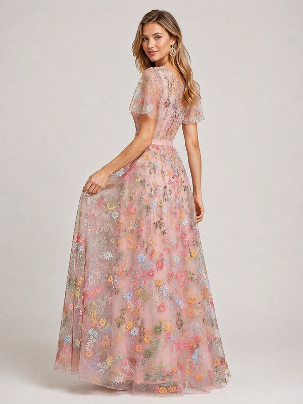 Blush Pink V-Neck Floral Embroidered Flutter Sleeve A-Line Bridesmaid Dress