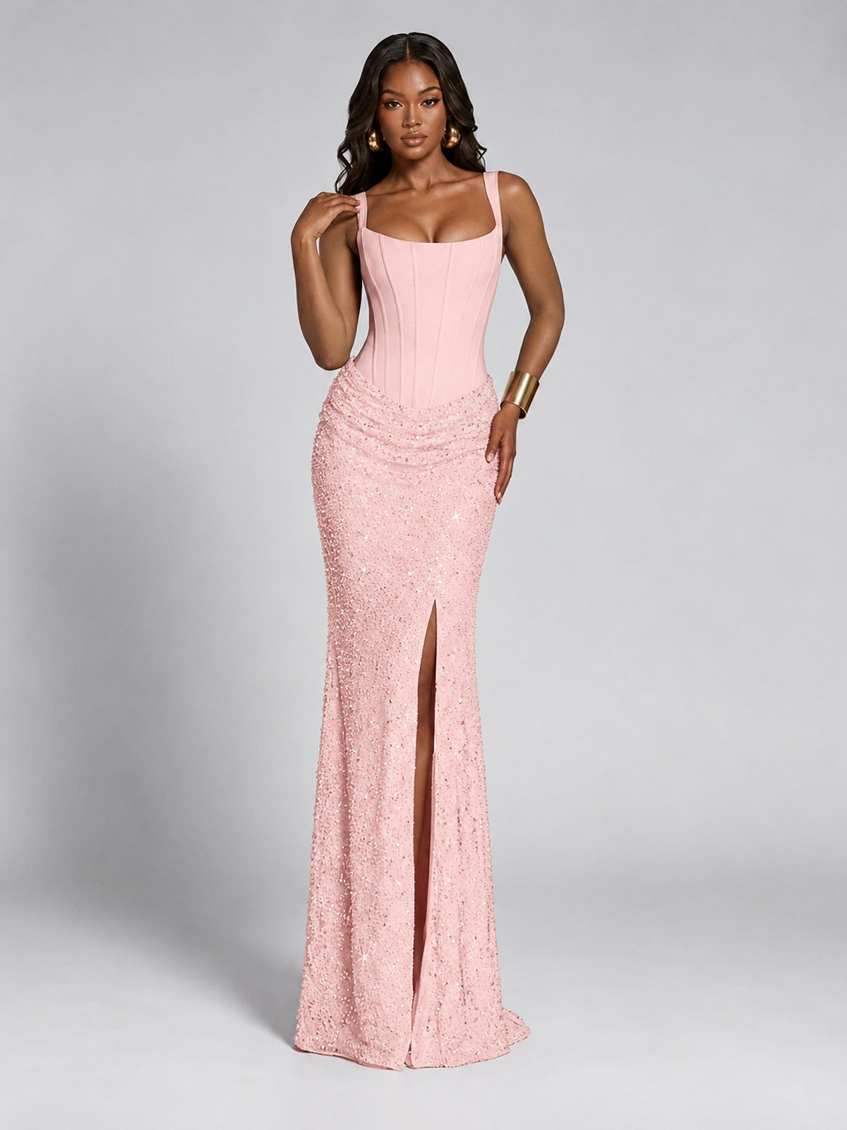 Sequin Corset Mermaid Prom Dress with Square Neck Wide Strap High Slit