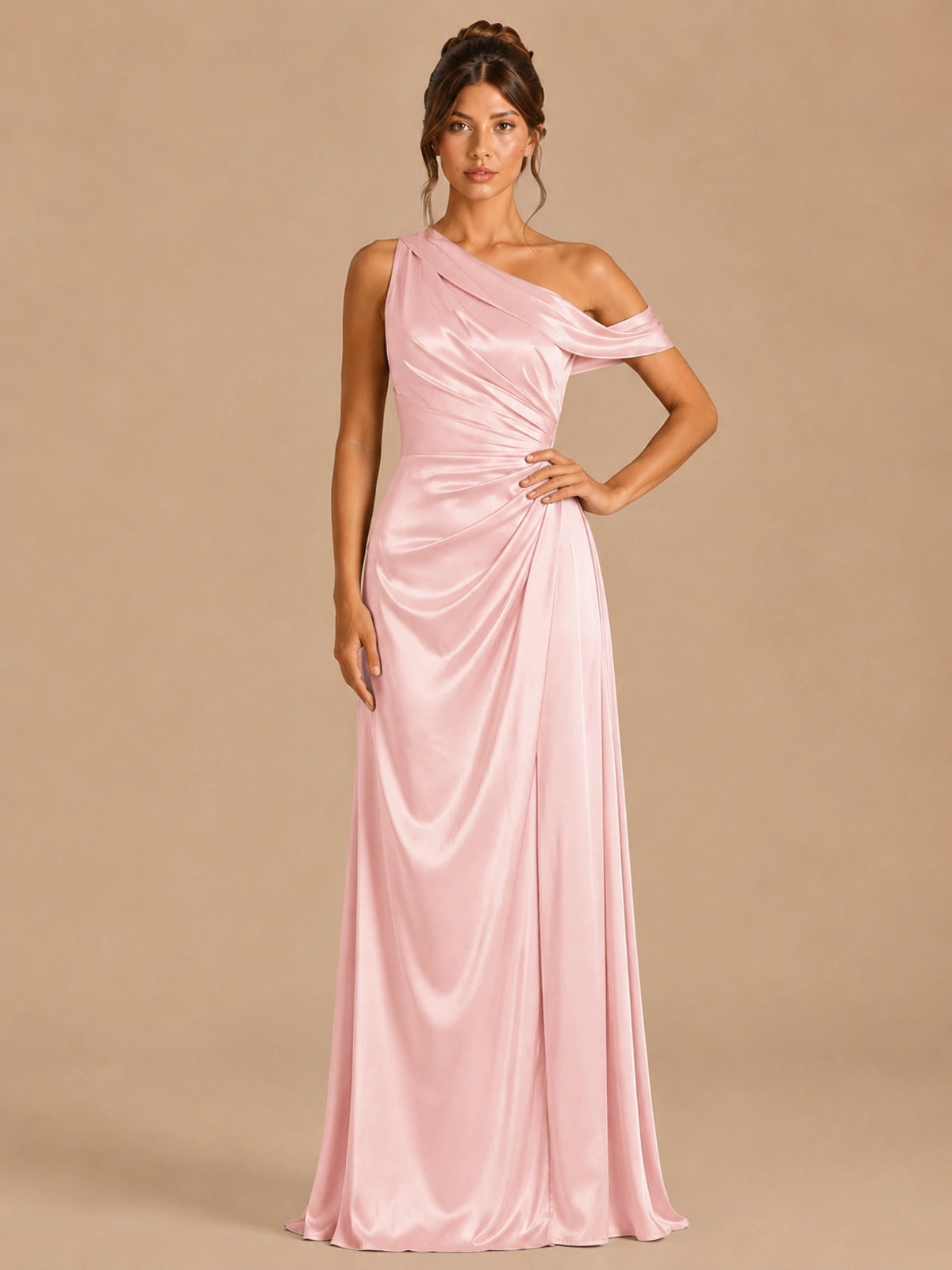 Blush Pink-satin one shoulder prom dress ruched long formal gow Jovelle