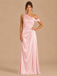 Blush Pink-satin one shoulder prom dress ruched long formal gow Jovelle