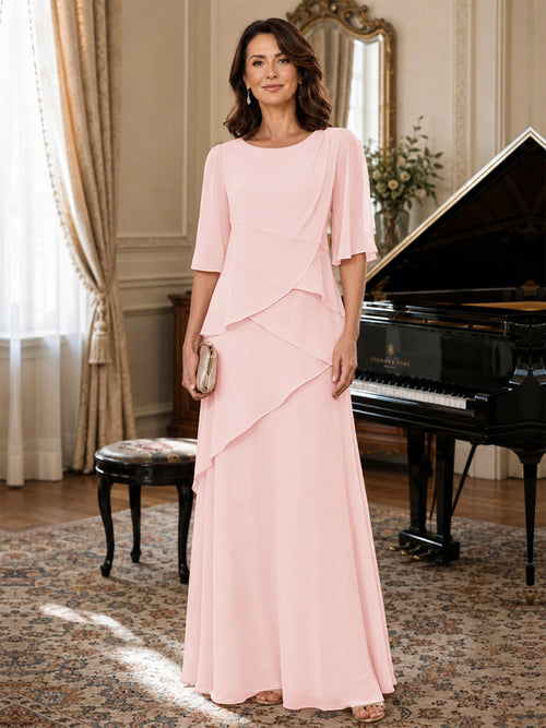 Blush Pink Asymmetric Draped Chiffon Mother of the Bride Dress with Flutter Sleeves