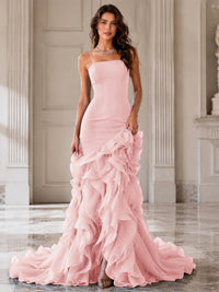Mermaid Formal Evening Dress with Layered Ruffle Train