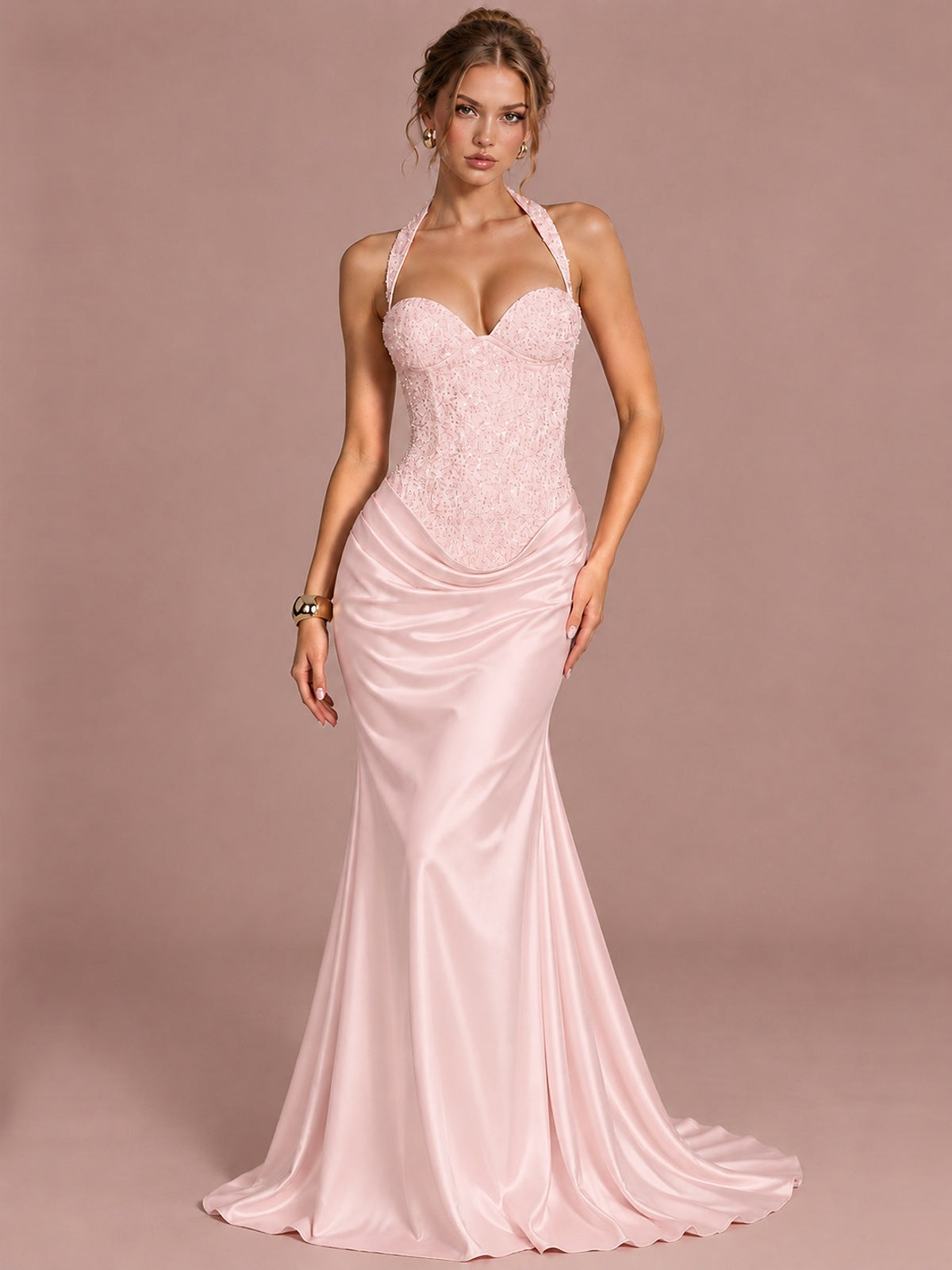 Blush Pink Sparkling Halter Corset Satin Mermaid Prom Dress Long Ruched Sequin Formal Gown Evening Party Dress