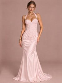 Blush Pink Sparkling Halter Corset Satin Mermaid Prom Dress Long Ruched Sequin Formal Gown Evening Party Dress