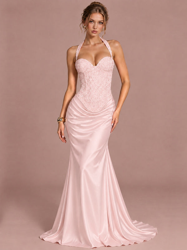 Blush Pink Sparkling Halter Corset Satin Mermaid Prom Dress Long Ruched Sequin Formal Gown Evening Party Dress