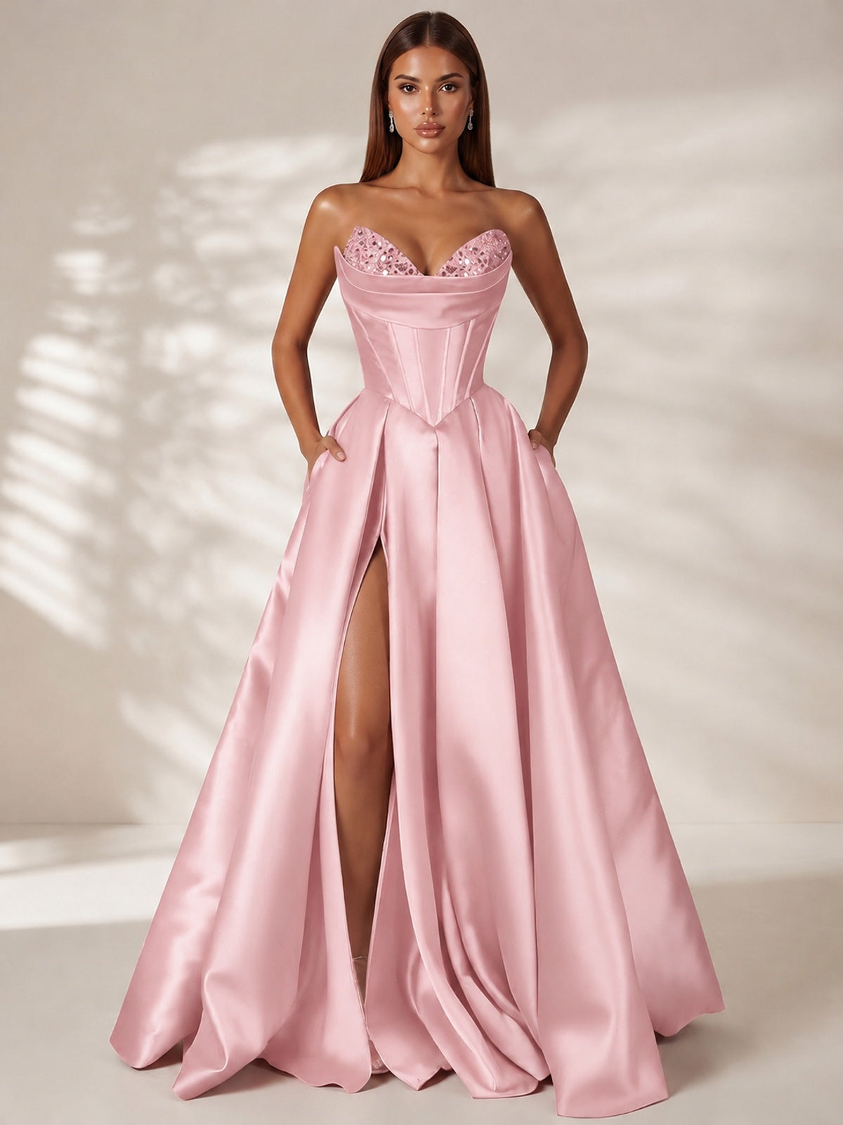 Blush Pink Strapless Corset Satin Prom Dress Long Evening Gown with High Slit