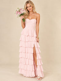 Ruffled Tiered Chiffon Prom Dress Spaghetti Straps Formal Maxi Dress with Slit