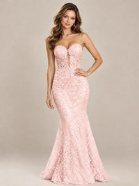 Strapless Corset Mermaid Prom Dress with Floral Lace Appliqué