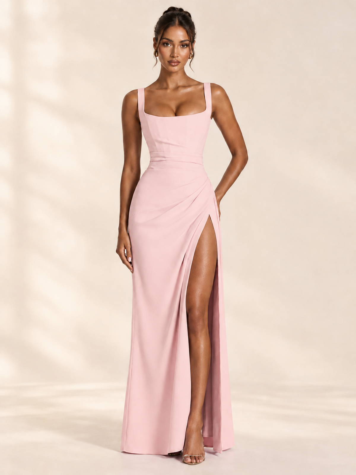 Square Neck Satin Sleeveless Ruched Prom Dress with High Slit