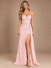 Burgundy Sequin Corset Prom Dress with High Slit