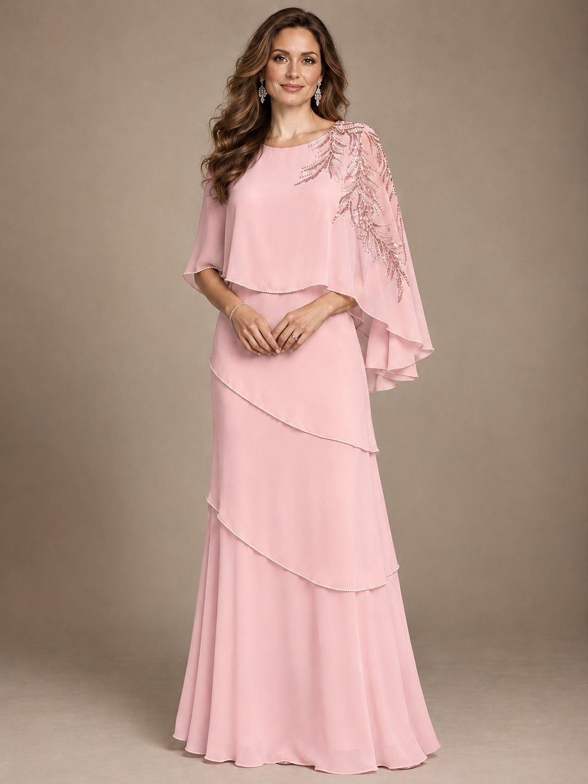 Elegant Chiffon Cape Sleeve Beaded Mother of the Bride Dress