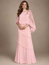 Elegant Chiffon Cape Sleeve Beaded Mother of the Bride Dress